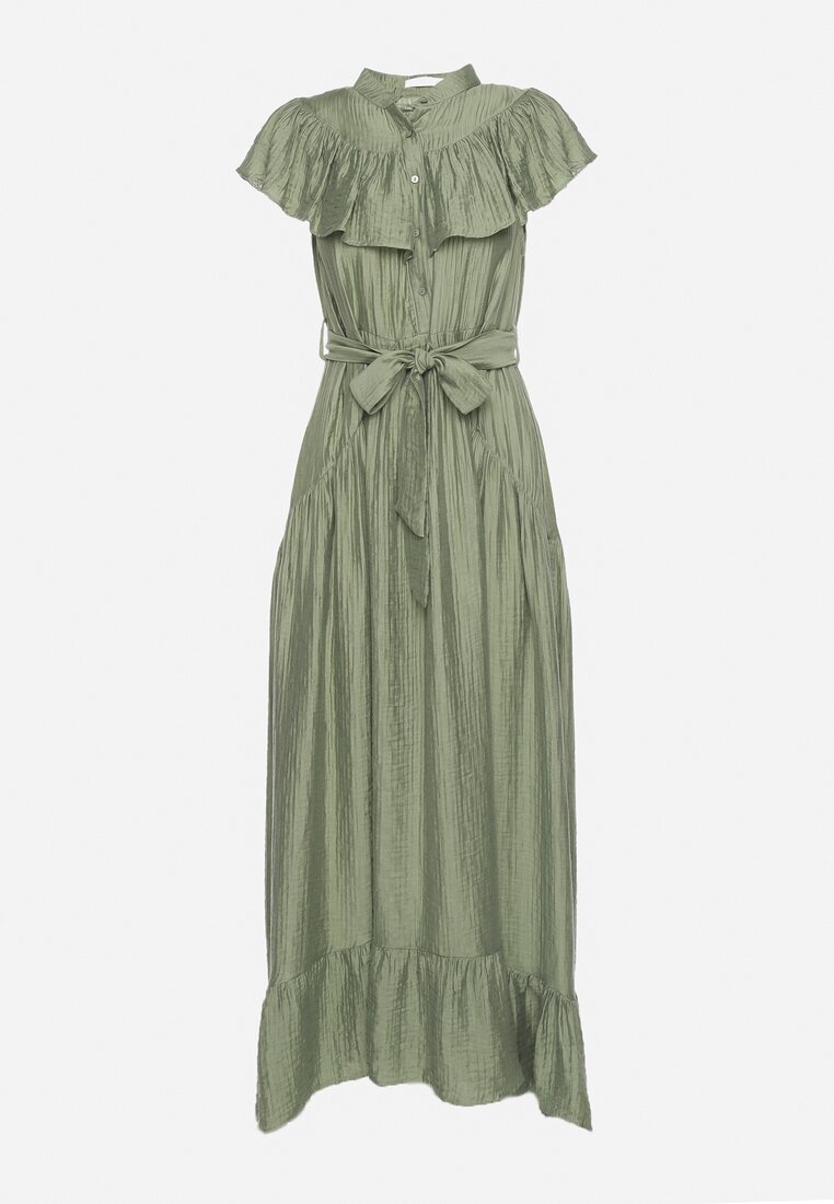 Zielona Rozkloszowana Sukienka z Wiskozą Ozdobiona Falbankami Zapinana na Guziki z Dodatkowym Materiałowym Paskiem Ganesia