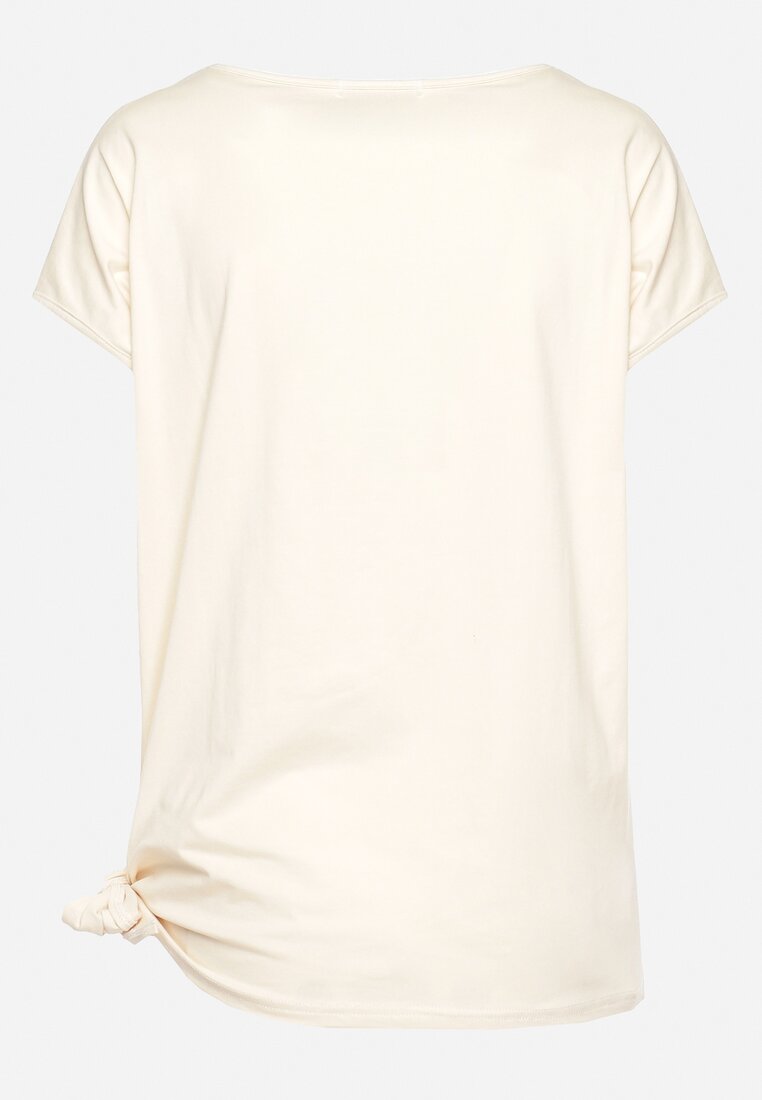 Beżowy Bawełniany T-shirt z Motywem Cyrkonii i Asymetrycznym Wiązaniem Timaelin