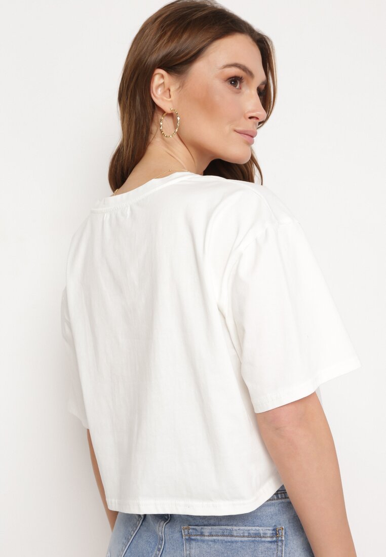 Biały Krótki Bawełniany T-shirt z Ozdobną Aplikacją ze Sznurkiem Abiola