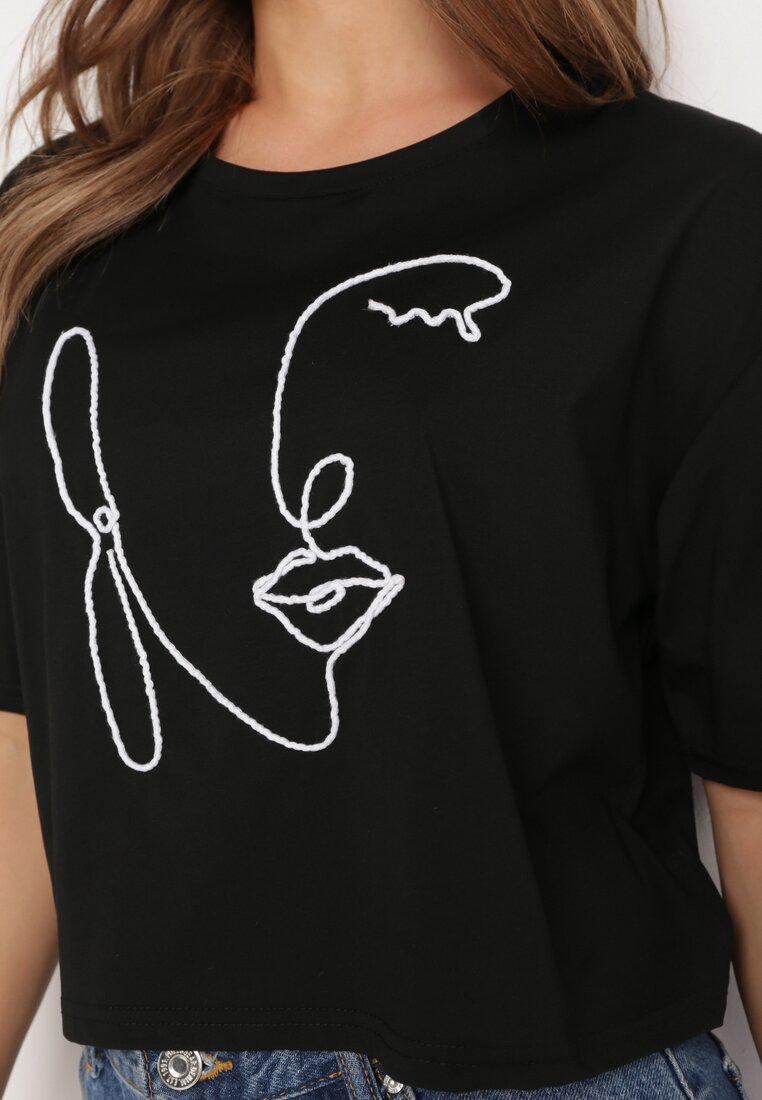 Czarny Krótki Bawełniany T-shirt z Ozdobną Aplikacją ze Sznurkiem Abiola