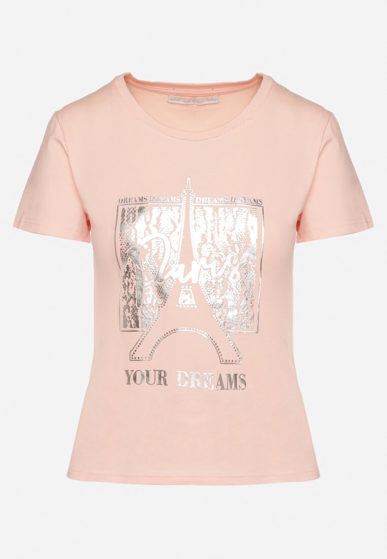 Jasnoróżowy Bawełniany Klasyczny T-shirt Ozdobiony z Przodu Metalicznym Nadrukiem Timazela