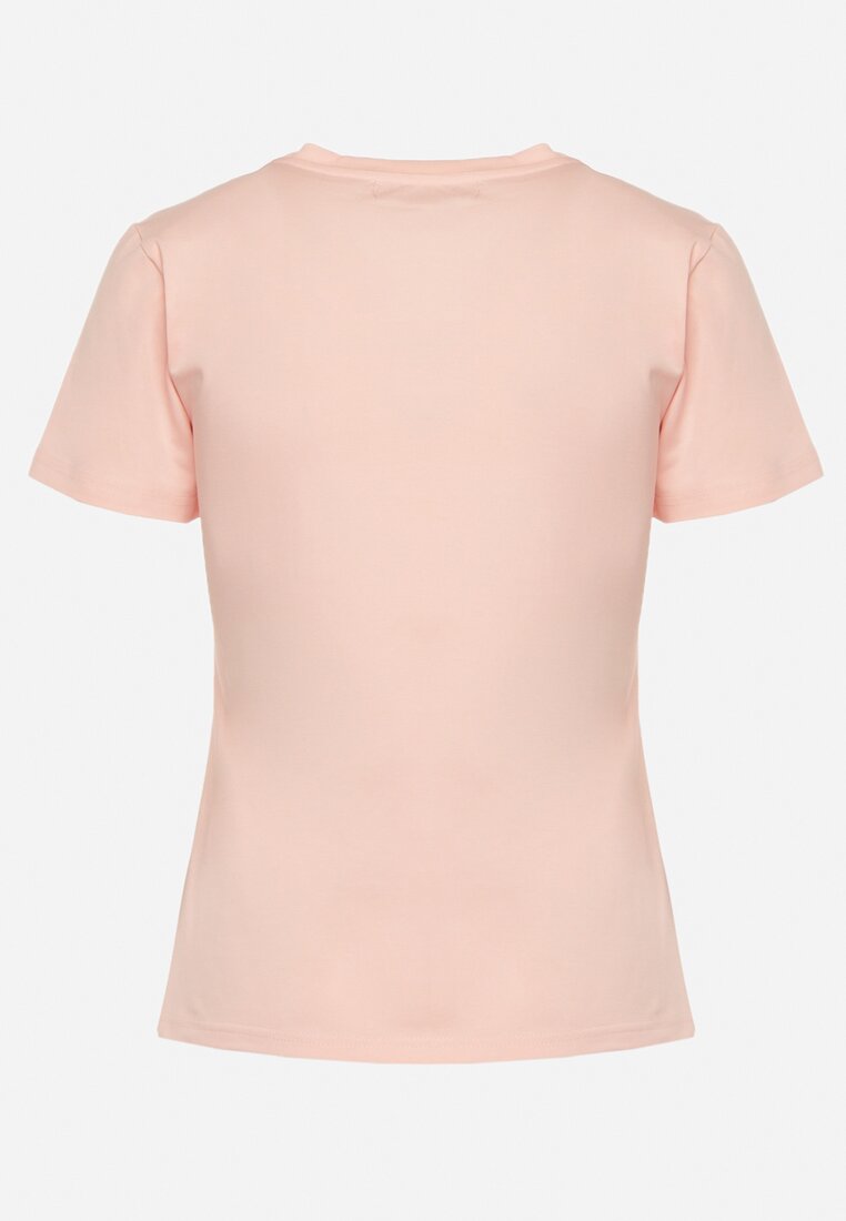 Jasnoróżowy Bawełniany Klasyczny T-shirt Ozdobiony z Przodu Metalicznym Nadrukiem Timazela