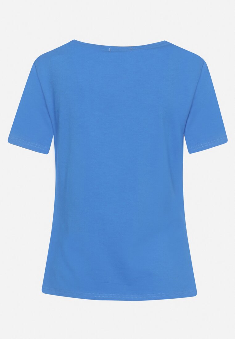Niebieski T-shirt z Bawełny Ozdobiony Nadrukiem i Kryształkami Halarae