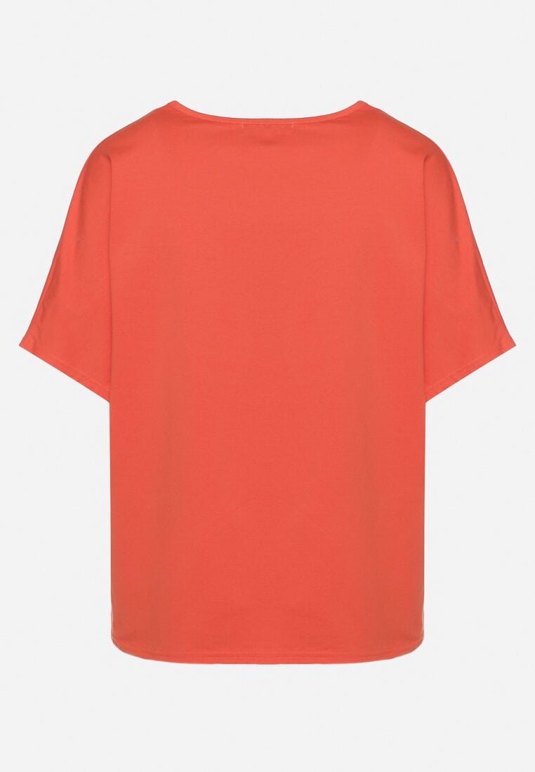Pomarańczowy Luźny T-shirt z Bawełny z Krótkim Rękawem i Cyrkoniami przy Dekolcie Camilea