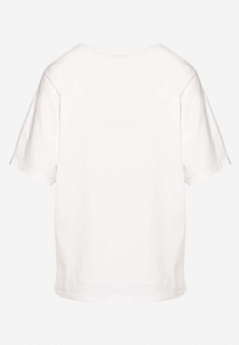 Biały Luźny T-shirt z Bawełny z Krótkim Rękawem i Cyrkoniami przy Dekolcie Camilea