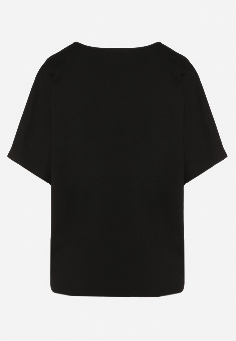 Czarny Luźny T-shirt z Bawełny z Krótkim Rękawem i Cyrkoniami przy Dekolcie Camilea