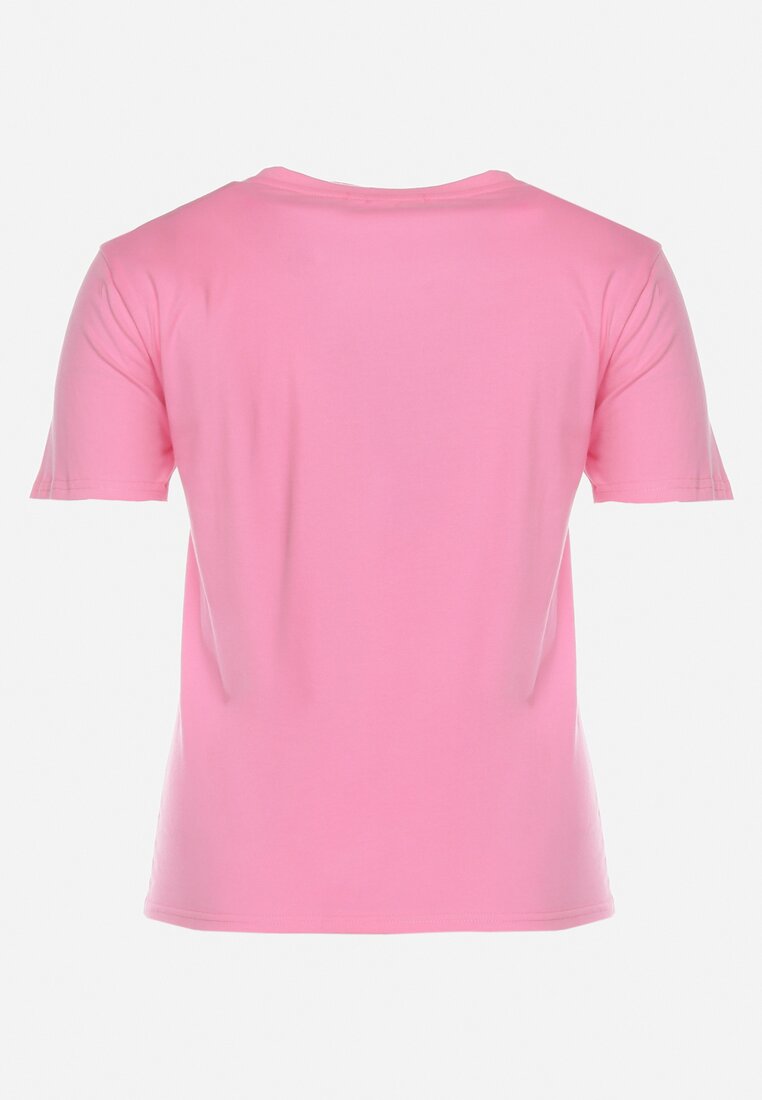 Różowy Bawełniany T-shirt Koszulka z Krótkim Rękawem z Nadrukiem i Cyrkoniami Qumara