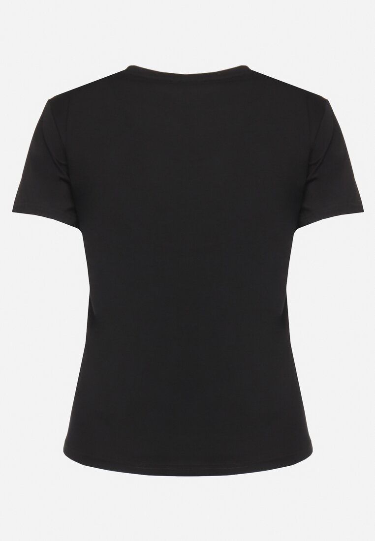 Czarny Bawełniany T-shirt Koszulka z Krótkim Rękawem z Nadrukiem i Cyrkoniami Qumara