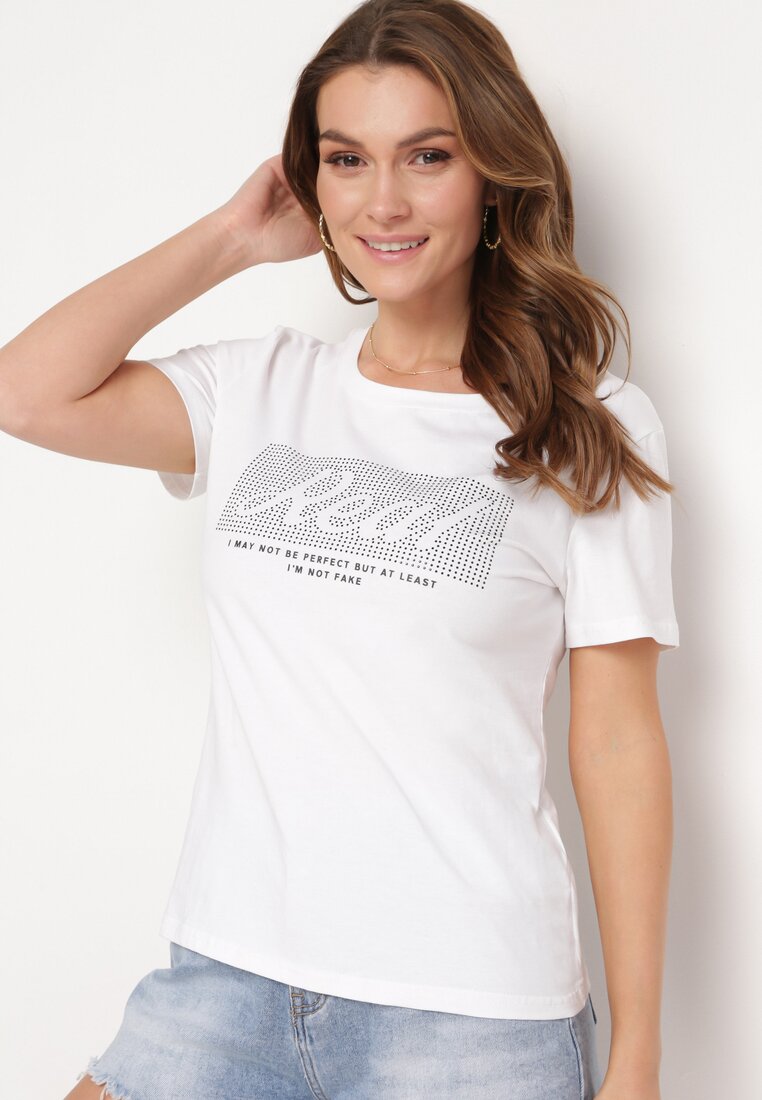 Biały Bawełniany T-shirt Koszulka z Krótkim Rękawem Ozdobiona Nadrukiem i Cyrkoniami Quana