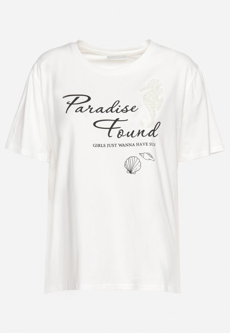Biały Klasyczny Bawełniany T-shirt z Krótkim Rękawem z Nadrukiem Ozdobiony Perełkami Tiavenna