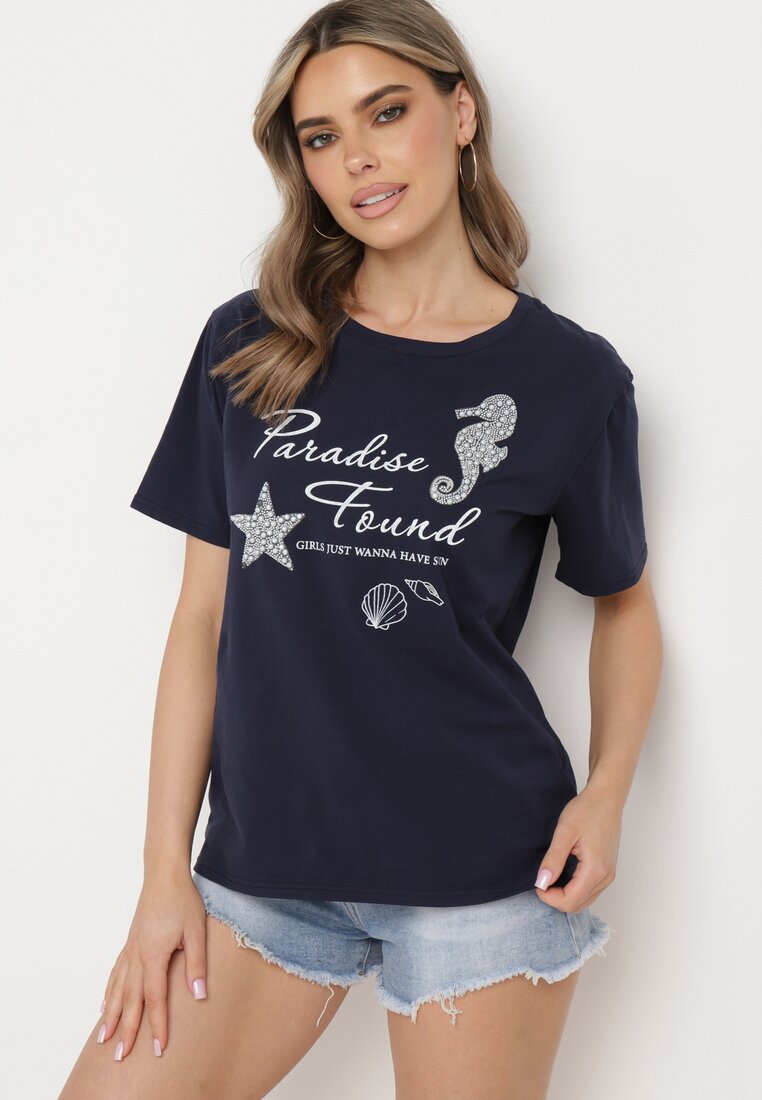 Granatowy Klasyczny Bawełniany T-shirt z Krótkim Rękawem z Nadrukiem Ozdobiony Perełkami Tiavenna
