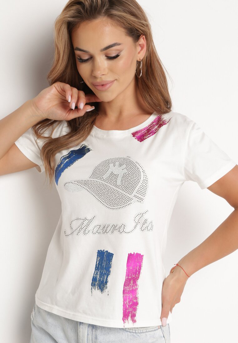 Biały Bawełniany T-shirt z Krótkim Rękawem Ozdobiony Nadrukiem z Cyrkoniami Abilena
