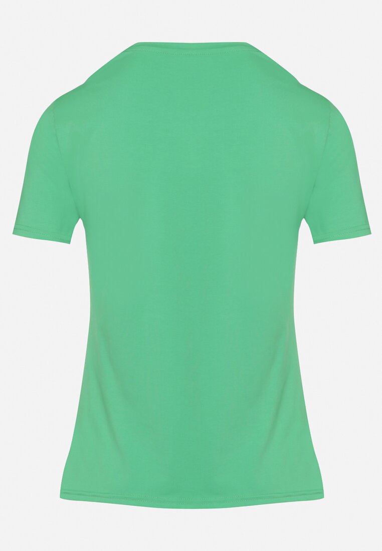 Zielony Bawełniany T-shirt Koszulka z Krótkim Rękawem i Nadrukiem z Cyrkoniami Jloella