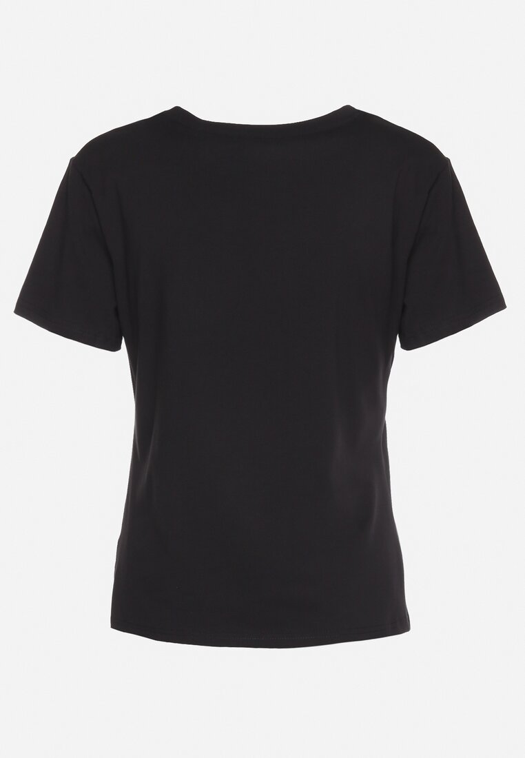 Czarny Bawełniany T-shirt z Krótkim Rękawem z Nadrukiem i Cyrkoniami Qualiana