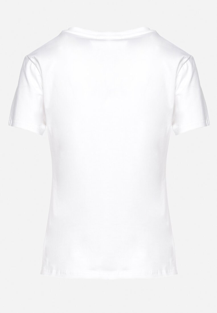 Biały Bawełniany T-shirt z Krótkim Rękawem z Nadrukiem i Cyrkoniami Qualiana