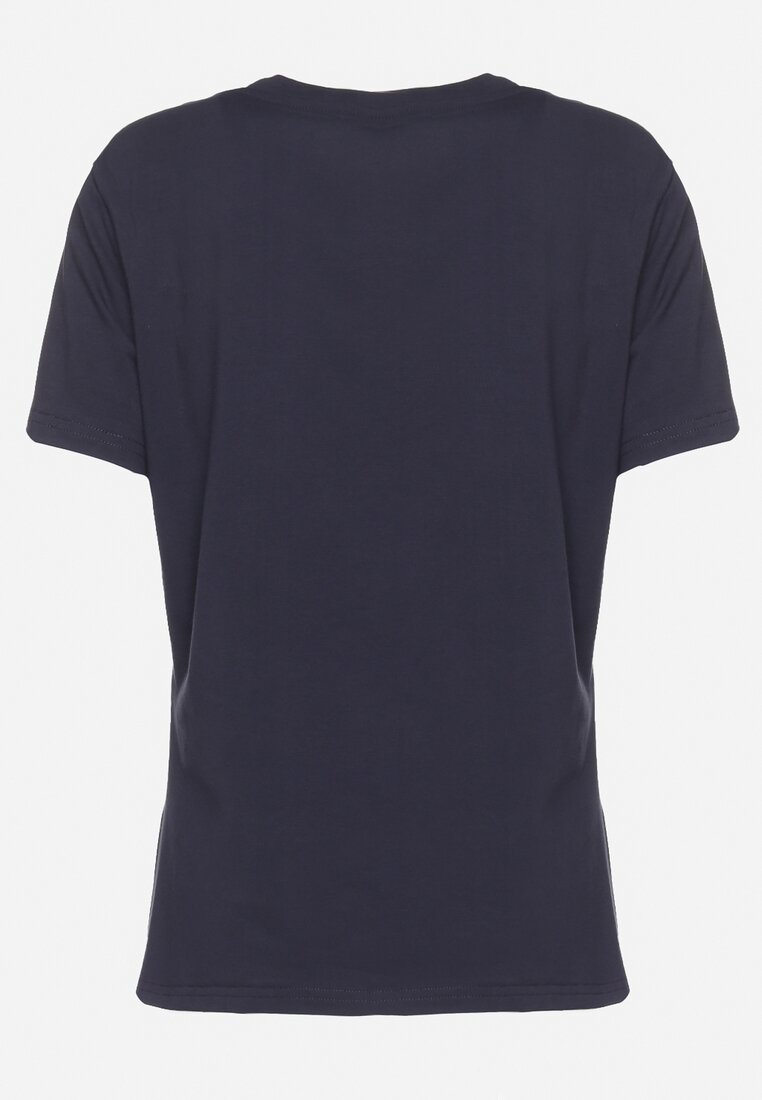 Granatowy Bawełniany T-shirt Koszulka z Krótkim Rękawem z Nadrukiem i Cyrkoniami Harlina