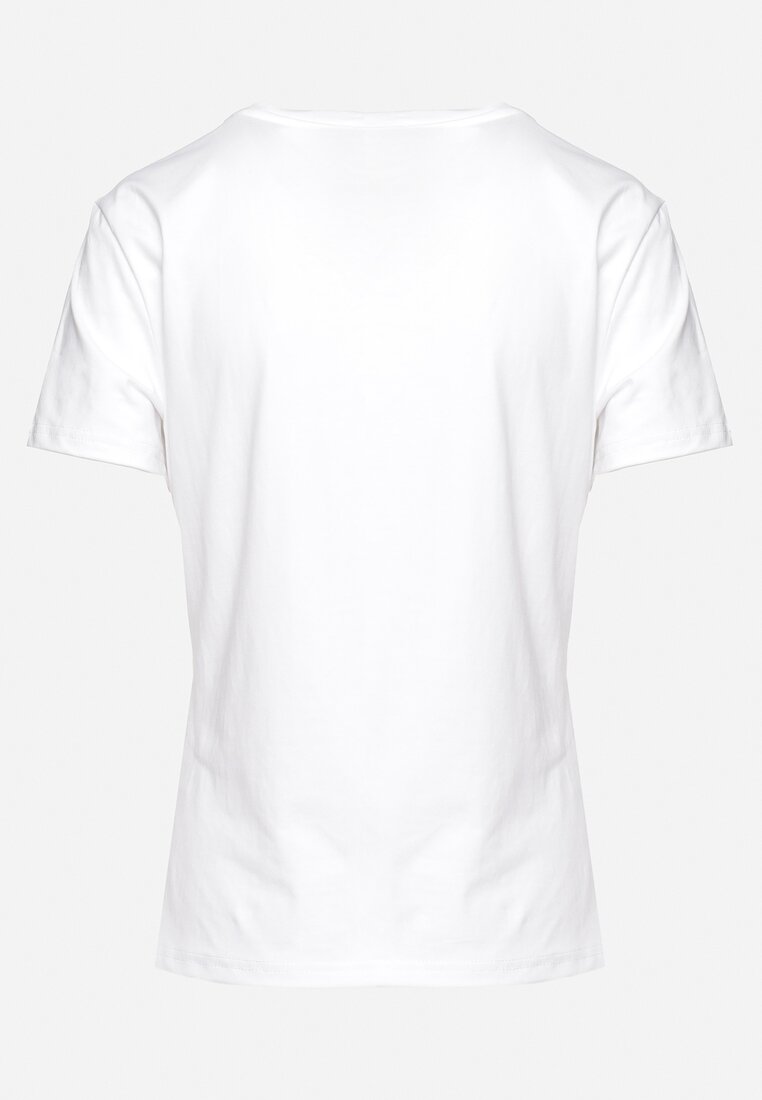 Biały Bawełniany T-shirt Koszulka z Krótkim Rękawem z Nadrukiem i Cyrkoniami Harlina