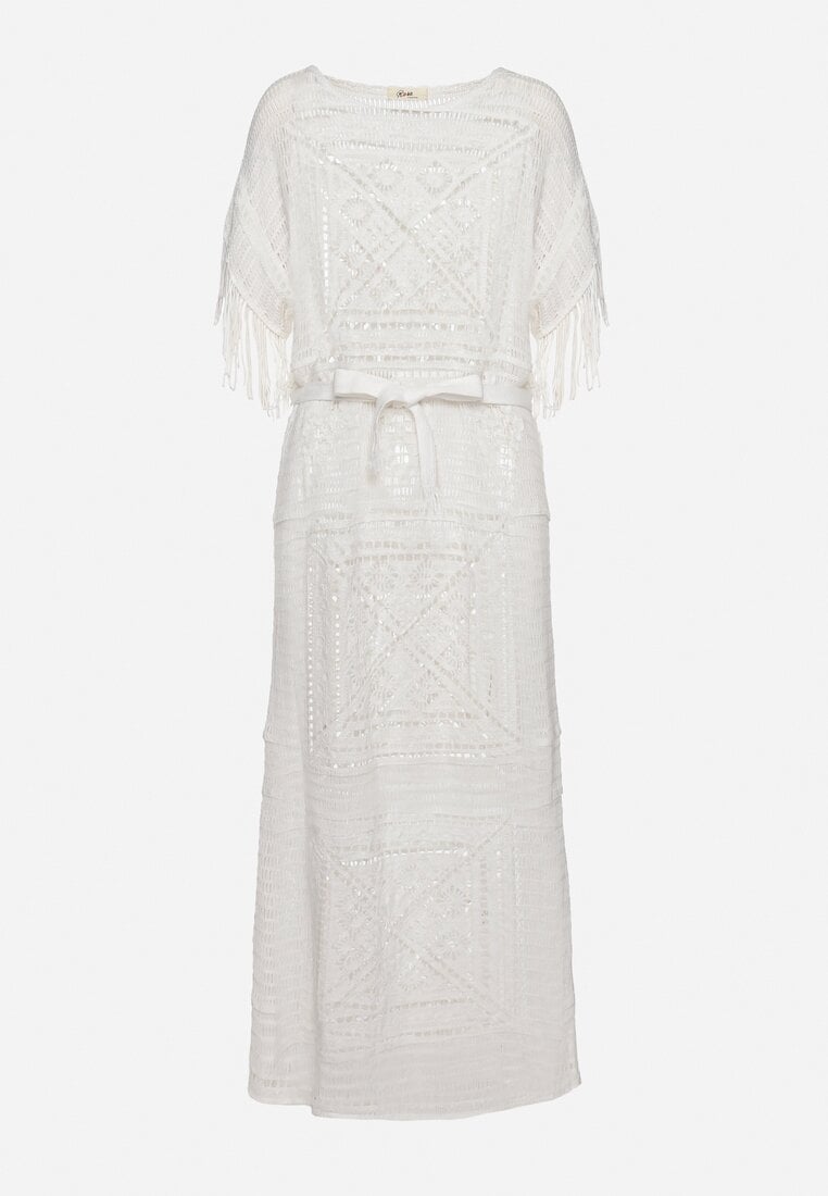 Biała Pudełkowa Sukienka Maxi z Szydełkowej Tkaniny z Frędzelkami Sasori