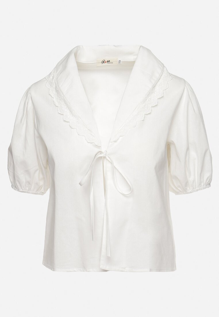 Biała Bluzka Bawełniana z Kołnierzykiem z Wiązaniem na Klatce Piersiowej Sloedi