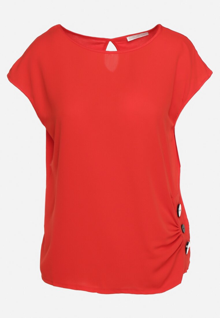 Czerwona Koszulka T-shirt Bluzka z Krótkim Rękawem ze Zdobnymi Guzikami Qloella