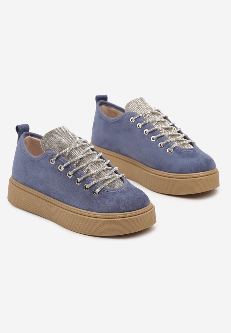Niebieskie Sznurowane Sneakersy na Grubszej Podeszwie Zdobione Delikatnymi Cyrkoniami Limeta