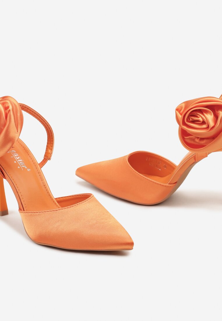 Pomarańczowe Sandały Szpilki bez Pięty Zdobione Kwiatową Aplikacją Wasna