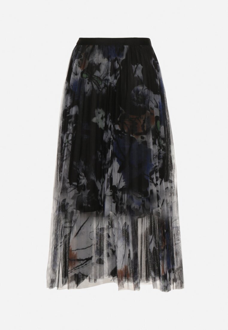 Czarno-Szara Spódnica z Plisowanym Tiulem w Abstrakcyjny Wzór z Gumką w Pasie Garisa