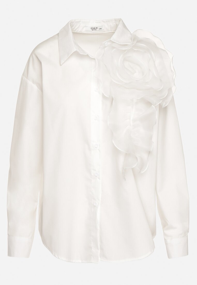 Biała Koszula z Długim Rękawem Zapinana na Guziki ze Zdobieniem w Postaci Kwiatu Wedia
