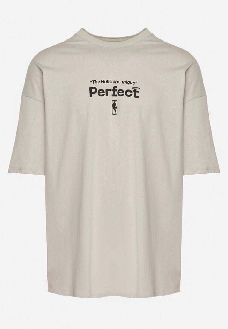 Szara Bawełniana Koszulka T-shirt z Krótkim Rękawem Ozdobiony Nadrukami Citara