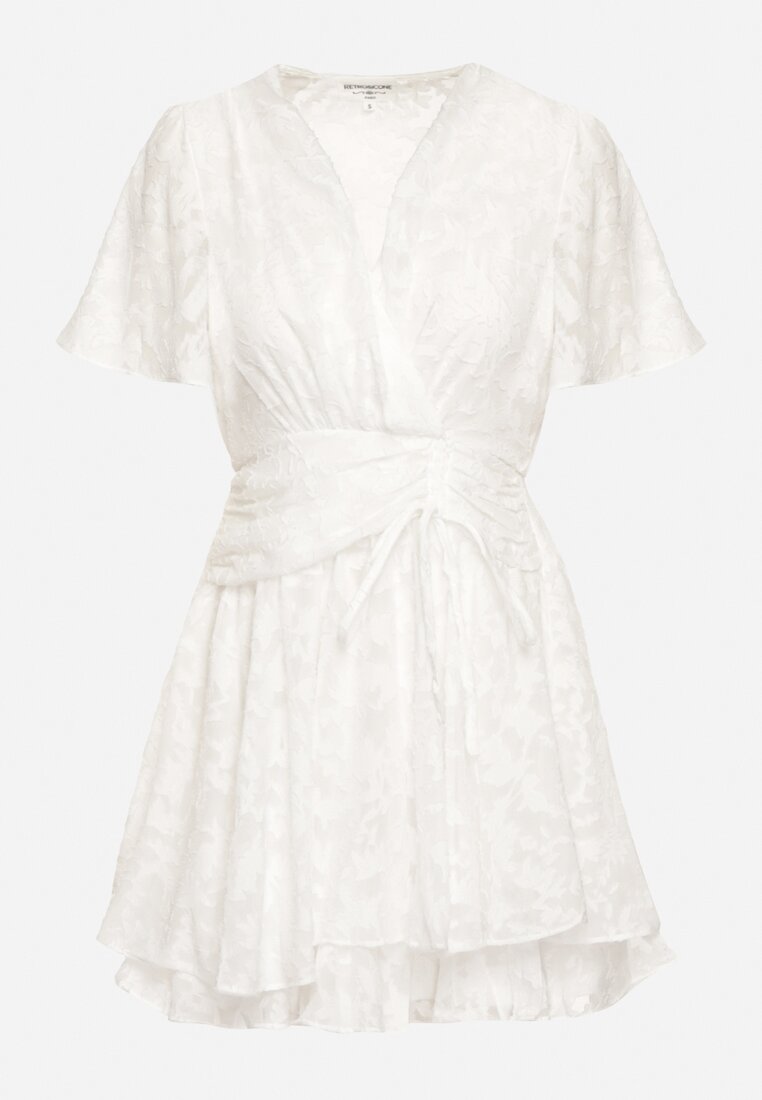 Biała Sukienka o Rozkloszowanym Kroju z Dekoltem Zapinanym na Napy Uzimira
