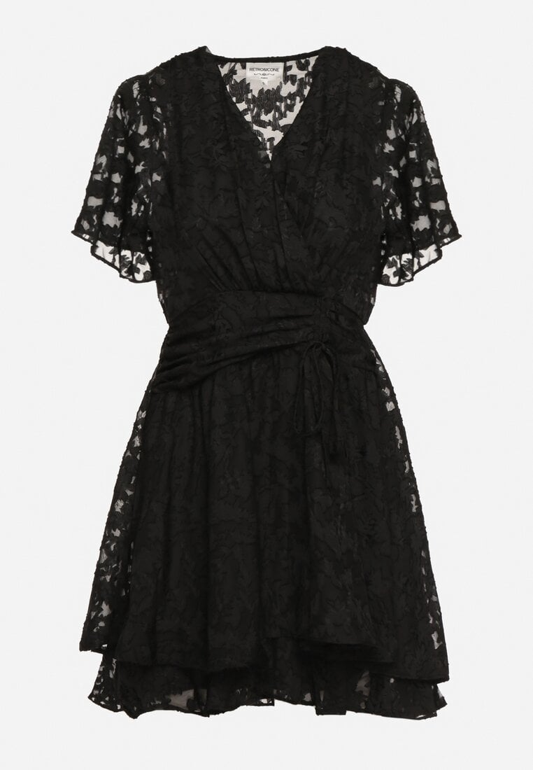 Czarna Sukienka o Rozkloszowanym Kroju z Dekoltem Zapinanym na Napy Uzimira