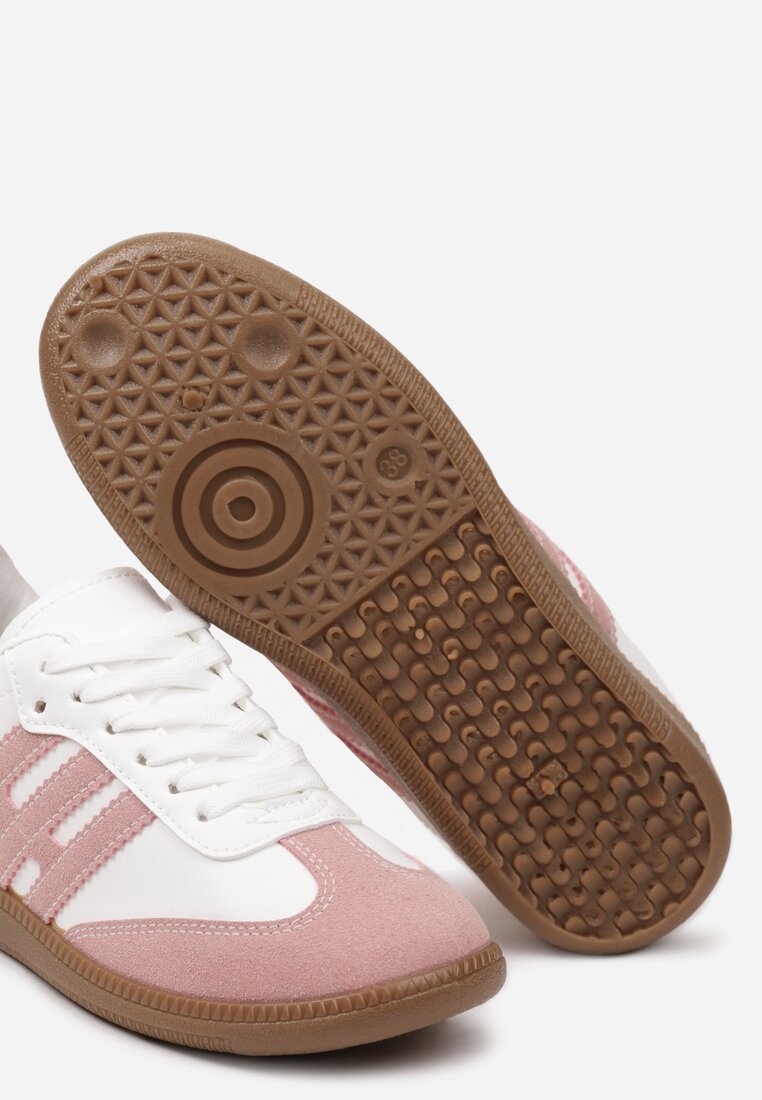 Biało-Różowe Płaskie Klasyczne Sneakersy ze Sznurowaniem i Ozdobnymi Paskami Azamia