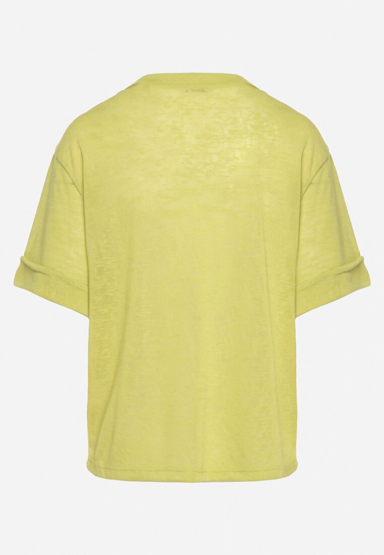 Jasnozielony T-shirt Koszulka z Krótkim Rękawem z Brokatowym Akcentem przy Dekolcie Glarena