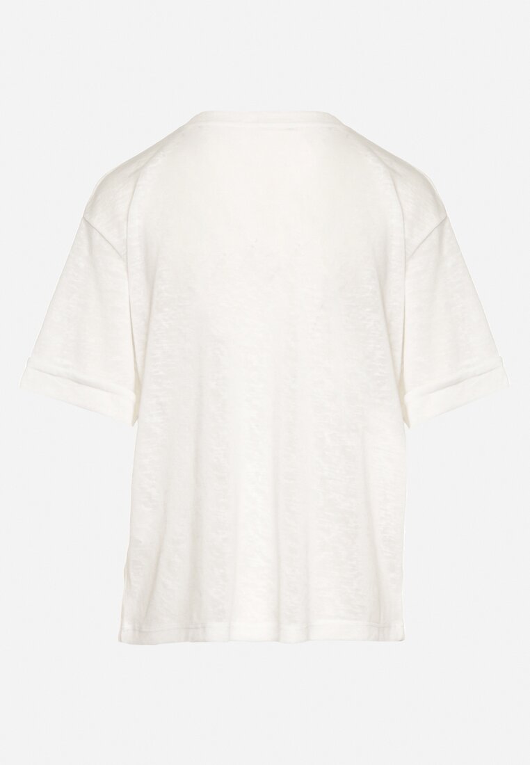 Biały T-shirt Koszulka z Krótkim Rękawem z Brokatowym Akcentem przy Dekolcie Glarena