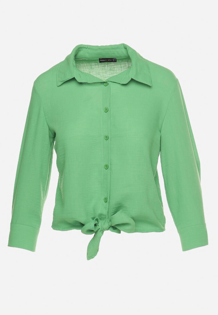Zielona Koszula Zapinana na Guziki Wiązana na Dole z Podpinanymi Rękawami Ranestia