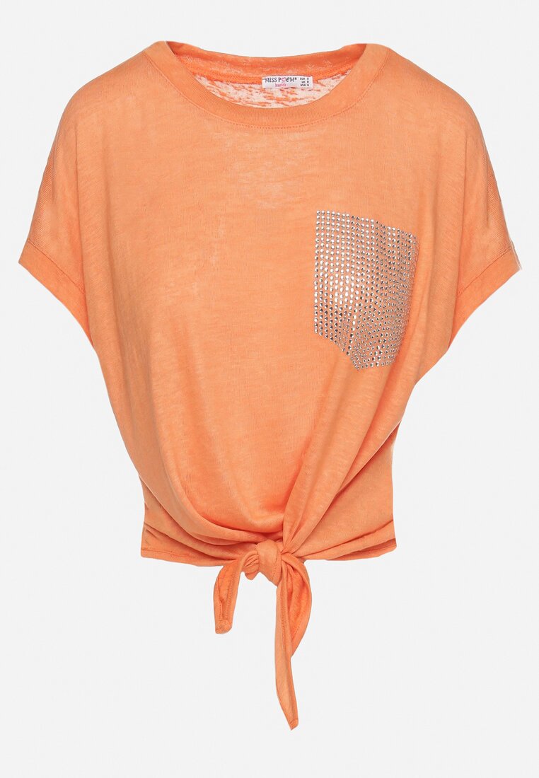 Pomarańczowy Klasyczny T-shirt  Wiązany na Dole z Cyrkoniami Efigga