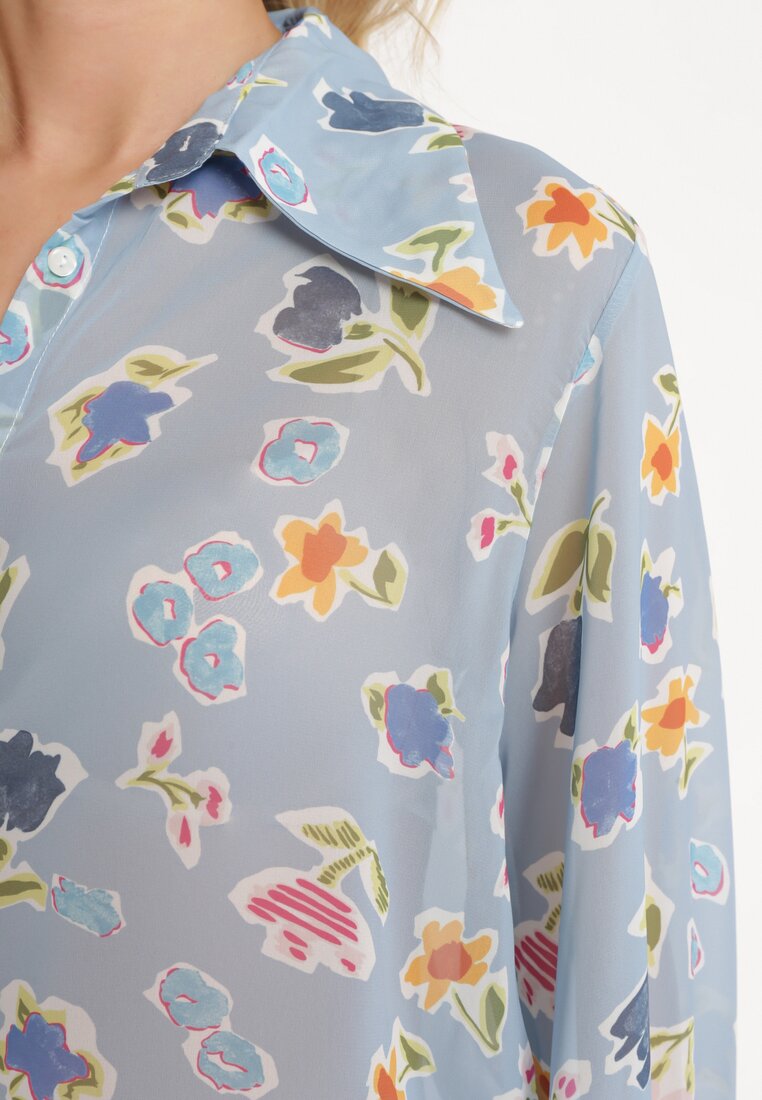 Niebieska Koszula z Transparentnej Tkaniny w Kwiaty Brumelia