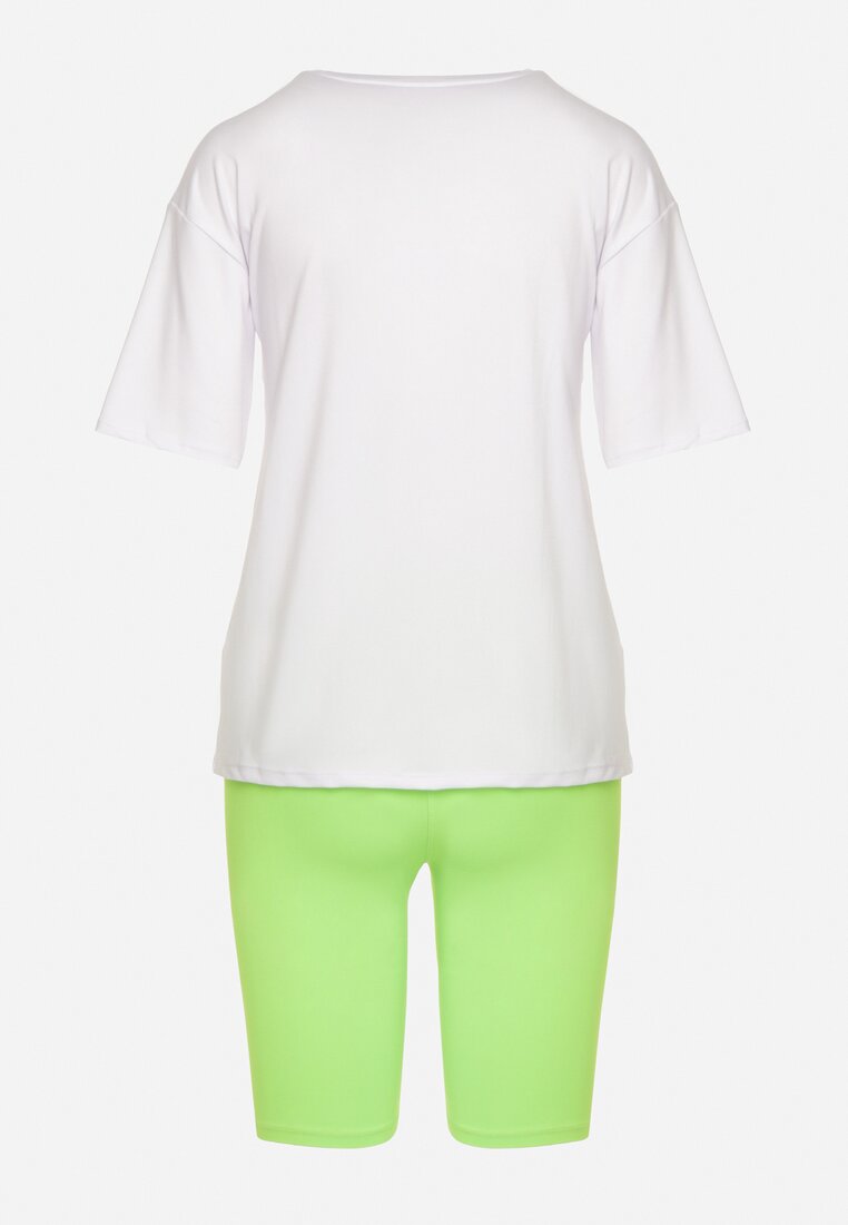 Zielono-Biały Komplet T-shirt z Ozdobnym Nadrukiem Szorty Typu Kolarki Wanesia