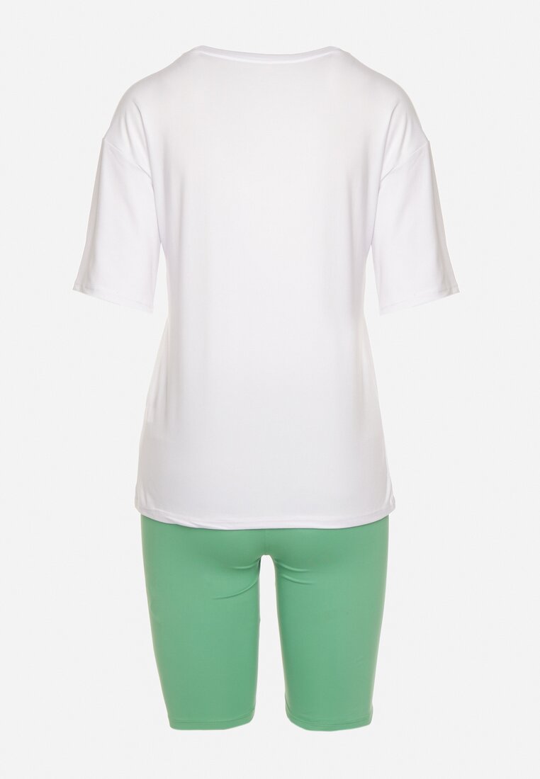Zielono-Biały Komplet T-shirt z Ozdobnym Nadrukiem Szorty Typu Kolarki Dresowy Wanesia