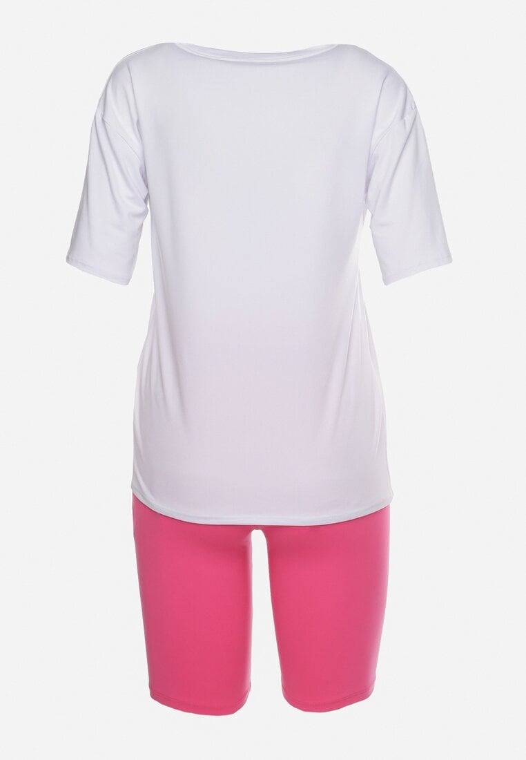 Różowo-Biały Komplet T-shirt z Ozdobnym Nadrukiem Szorty Typu Kolarki Dresowy Wanesia
