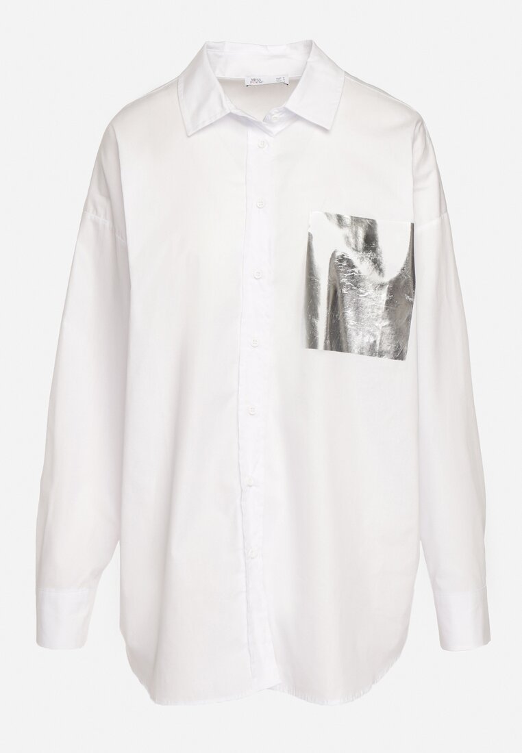 Biała Bawełniana Koszula z Metalicznym Nadrukiem Imitującym Kieszeń Nencilla