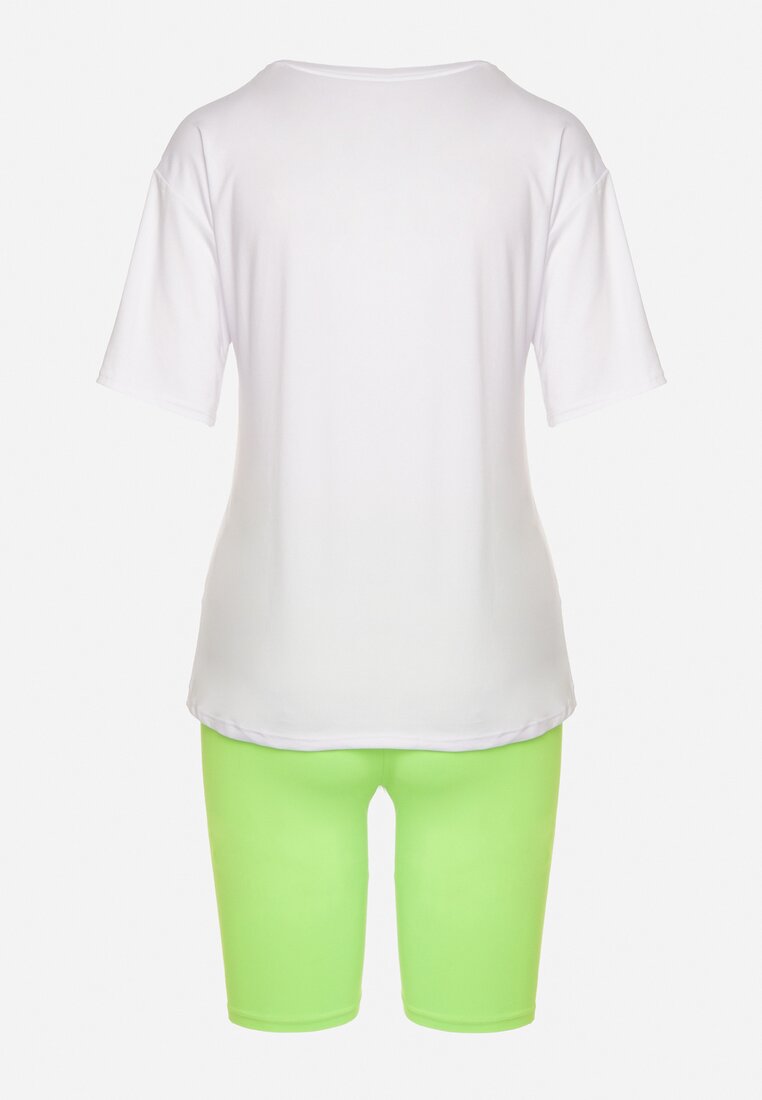 Zielono-Biały  Komplet T-shirt z Nadrukiem i Kolarki z Wysokim Stanem Jannesca