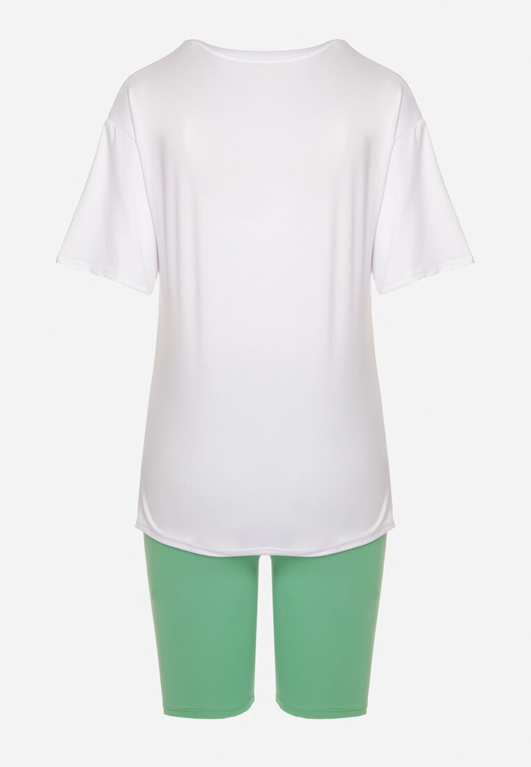 Zielono-Biały Komplet T-shirt z Nadrukiem i Kolarki z Wysokim Stanem Jannesca