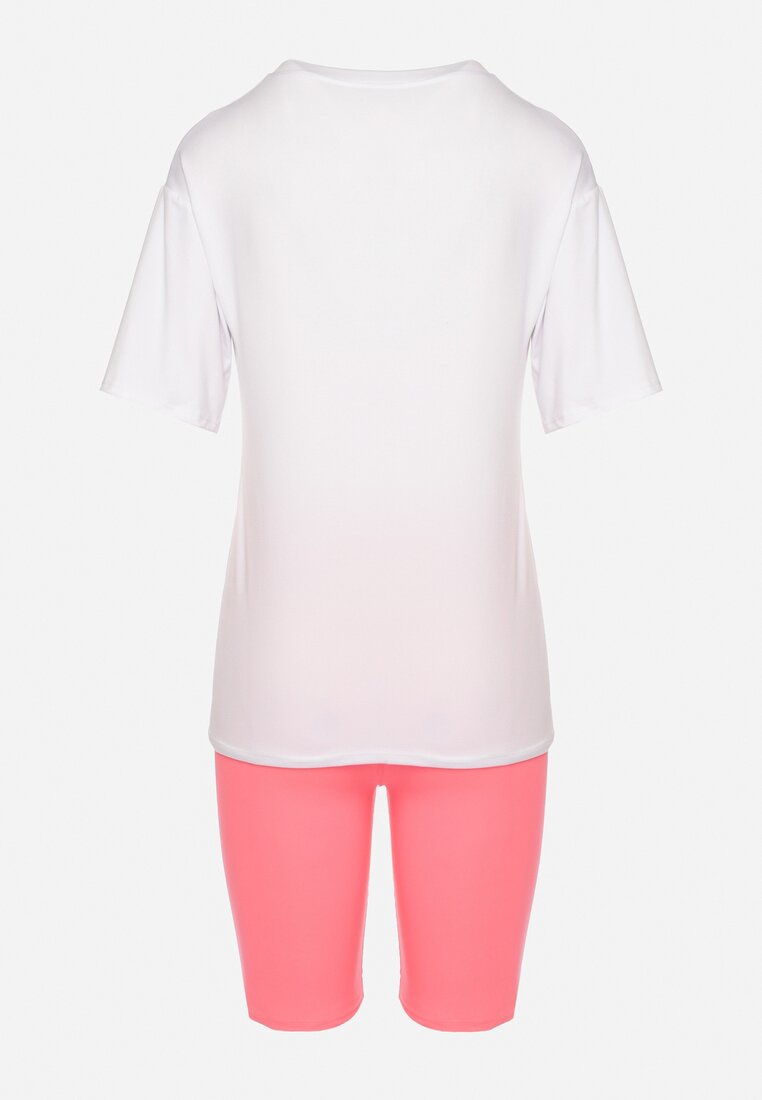 Różowo-Biały  Komplet T-shirt z Nadrukiem i Kolarki z Wysokim Stanem Jannesca