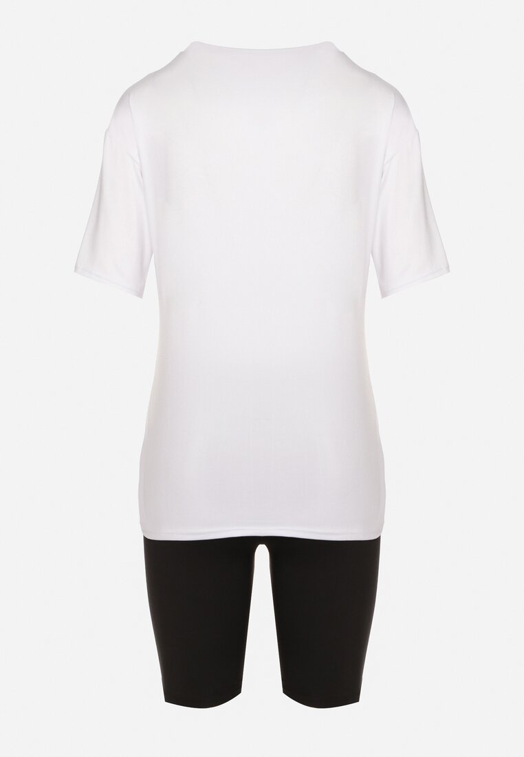 Czarno-Biały Komplet T-shirt z Nadrukiem i Kolarki z Wysokim Stanem Jannesca