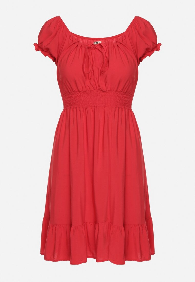 Czerwona Wiskozowa Sukienka z Gumkami w Pasie Ściągana przy Dekolcie z Falbanką Tiimamla