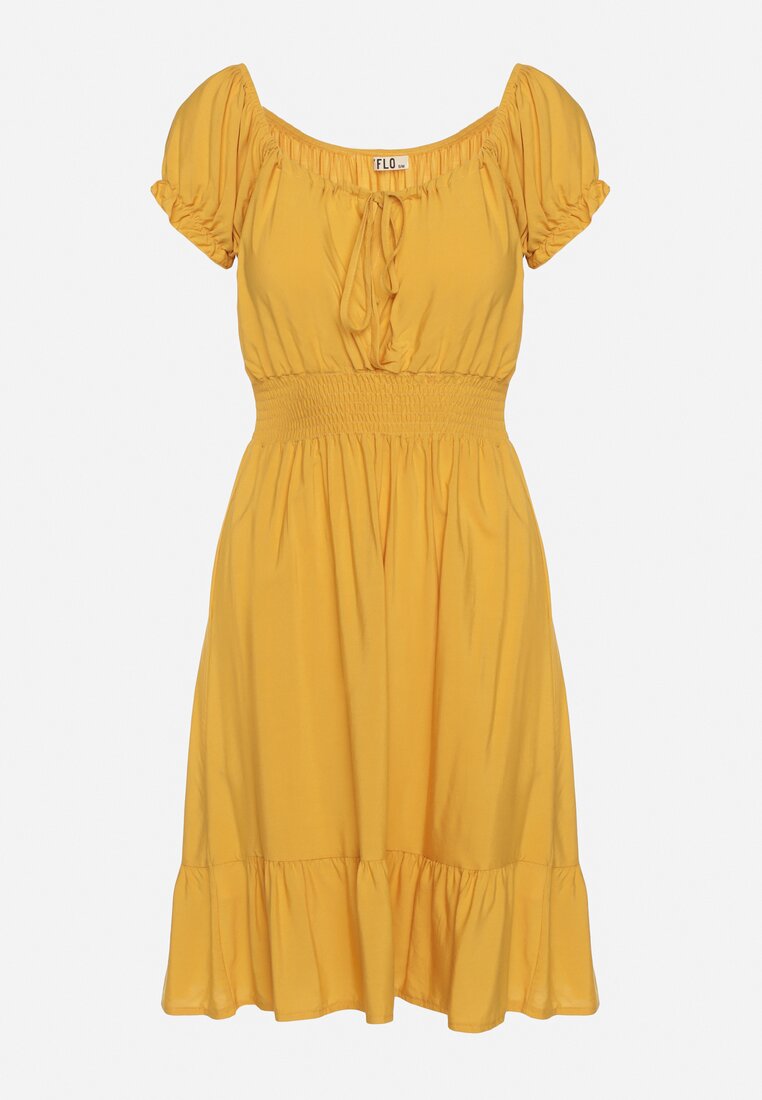 Żółta Wiskozowa Sukienka z Gumkami w Pasie Ściągana przy Dekolcie z Falbanką Tiimamla