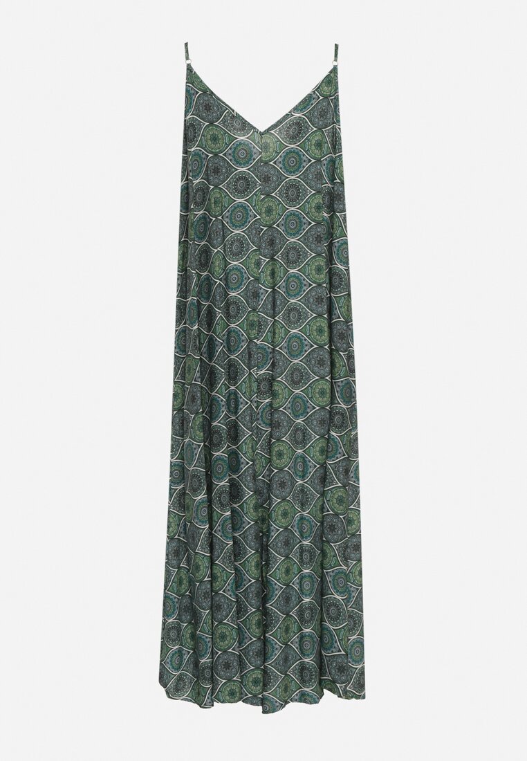 Zielona Wiskozowa Sukienka na Cienkich Ramiączkach z Trójkątnym Dekoltem Nannestra