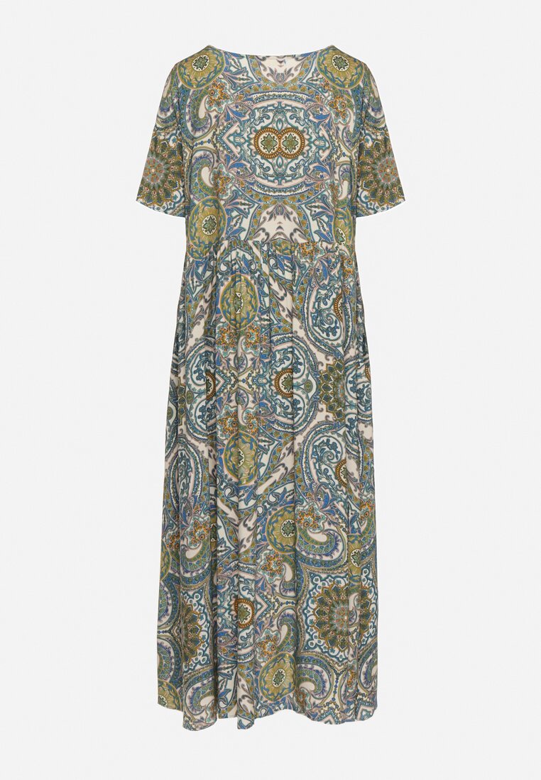 Niebieska  Sukienka w Print Paisley z Wiskozy o Rozkloszowanym Kroju Stramelia