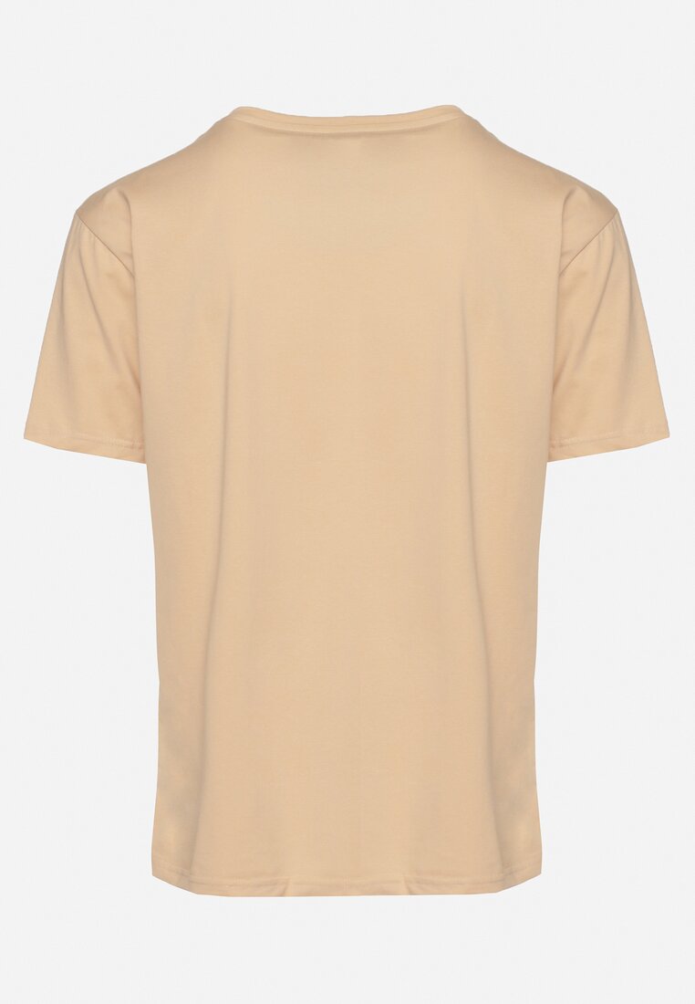 Beżowy Klasyczny T-shirt z Bawełny z Dużym Nadrukiem Gunelia